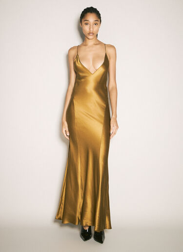 LN-CC® - Saint Laurent: Silk V-Neck Dress - Gold Saint Laurent Silk V-Neck Dress Gold sla0257002