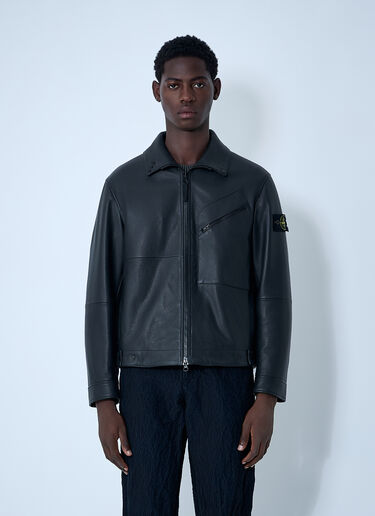 Stone Island Leather Jacket With Logo Patch Black sto0162020