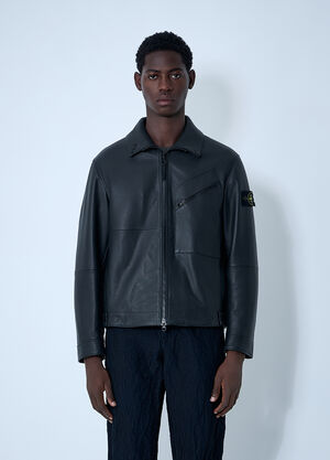 LN-CC® - Stone Island: Leather Jacket With Logo Patch - Black Stone Island Leather Jacket With Logo Patch Black sto0162020