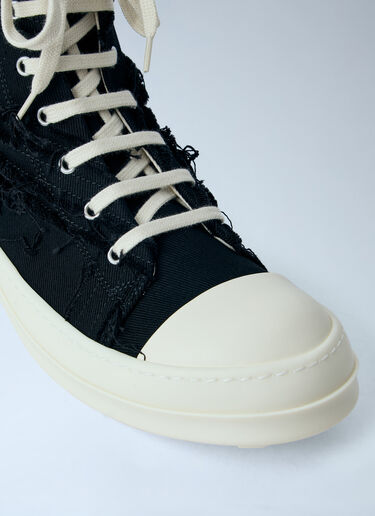 LN-CC® - Rick Owens DRKSHDW: Frayed Denim High-Top Sneakers - Black Rick Owens DRKSHDW Frayed Denim High-Top Sneakers Black drk0164037