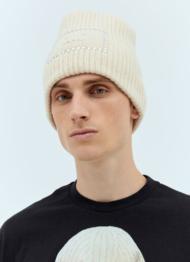 LN-CC® - Acne Studios: Embellished Face Logo Beanie Hat - Beige Acne Studios Embellished Face Logo Beanie Hat Beige acn0157039