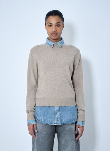 LN-CC® - Acne Studios: Layered Knit Sweater with Denim Shirt Detail - Beige Acne Studios Layered Knit Sweater with Denim Shirt Detail Beige acn0264027