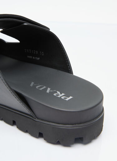 LN-CC® - Prada: Logo Plaque Leather Slides - Black Prada Logo Plaque Leather Slides Black pra0156014