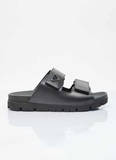 LN-CC® - Prada: Logo Plaque Leather Slides - Black Prada Logo Plaque Leather Slides Black pra0156014