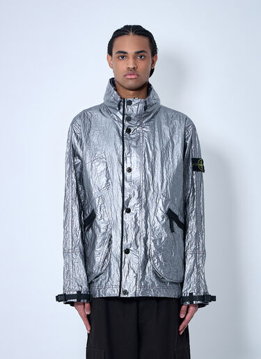 LN-CC® - Stone Island: Metallic Jacket With Compass Patch - Silver Stone Island Metallic Jacket With Compass Patch Silver sto0160025