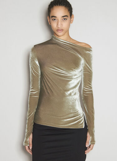 LN-CC® - Helmut Lang: Velvet Asymmetrical Top - Green Helmut Lang Velvet Asymmetrical Top Green hlm0254006