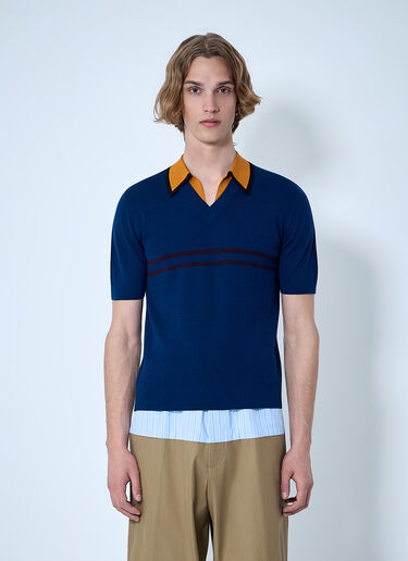 LN-CC® - Dries Van Noten: V-neck Contrast Collar Knit Polo Shirt - Blue Dries Van Noten V-neck Contrast Collar Knit Polo Shirt Blue dvn0163025
