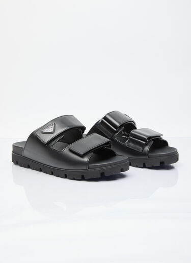 LN-CC® - Prada: Logo Plaque Leather Slides - Black Prada Logo Plaque Leather Slides Black pra0156014