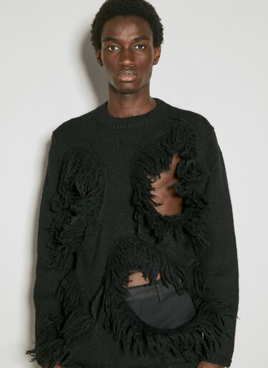 LN-CC® - Comme des Garçons Homme Plus: Cut-Out Wool Sweater With Tassle Edge - Black Comme des Garçons Homme Plus Cut-Out Wool Sweater With Tassle Edge Black hpl0154010