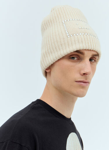 LN-CC® - Acne Studios: Embellished Face Logo Beanie Hat - Beige Acne Studios Embellished Face Logo Beanie Hat Beige acn0157039
